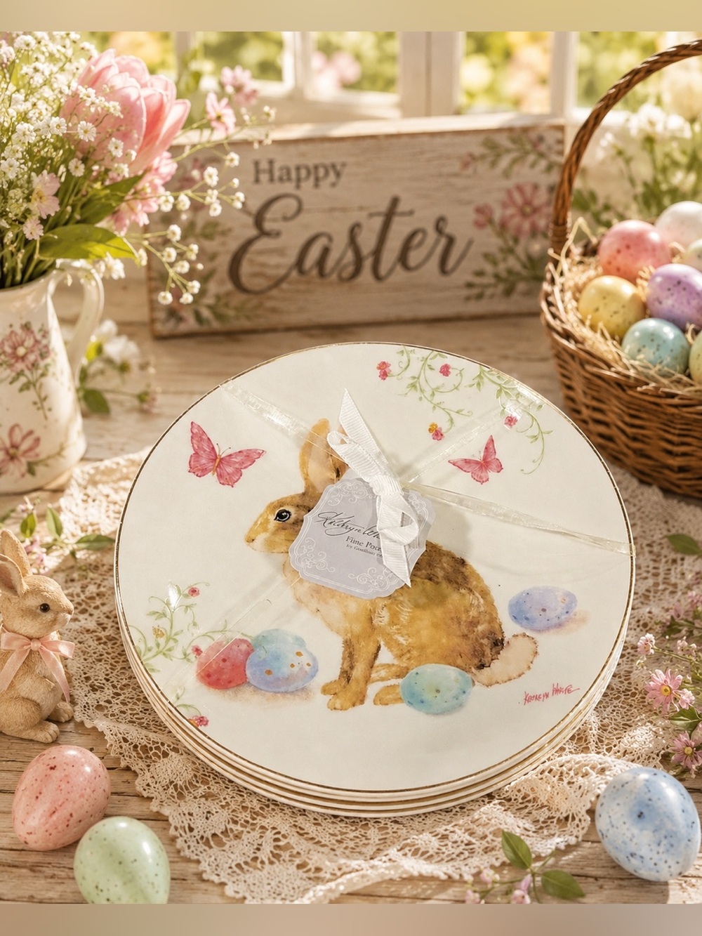 Kathryn White Easter Bunny Porcelain Plates Set of 4 NWT 6” Spring